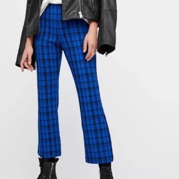 Free People Pants - Free People Blue Black Plaid Crop Ankle Side Zip Flannel Pull On Pants Size 0